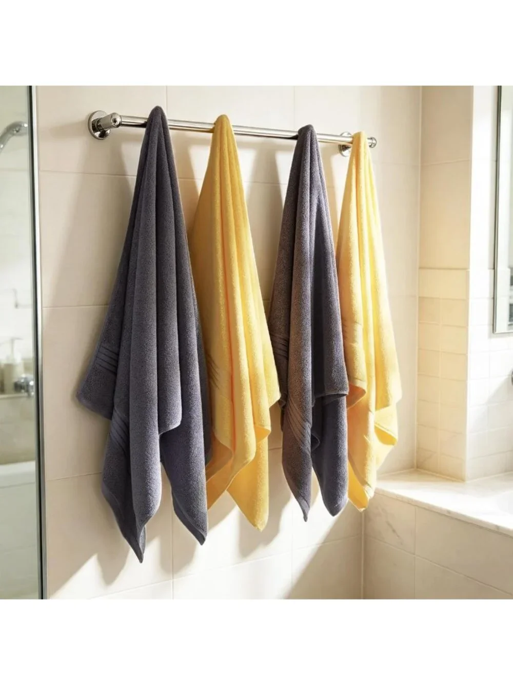 Soft Turkish Cotton Bath Towels Set, 4 PCS, 27x54, 650 GSM, Grey & Yellow